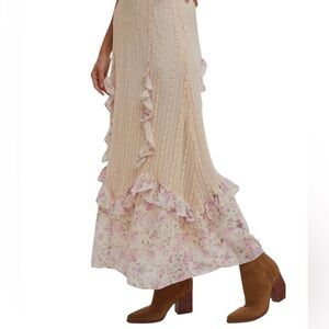 BluIvy Floral Print Ruffle Trimmed Maxi Lace Skirt with Lining Sz S
